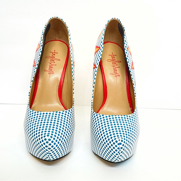 TAYLOR SAYS TALIA COMIC EXPLOSION blue white polka dot yellow red platform heels - Picture 7 of 14